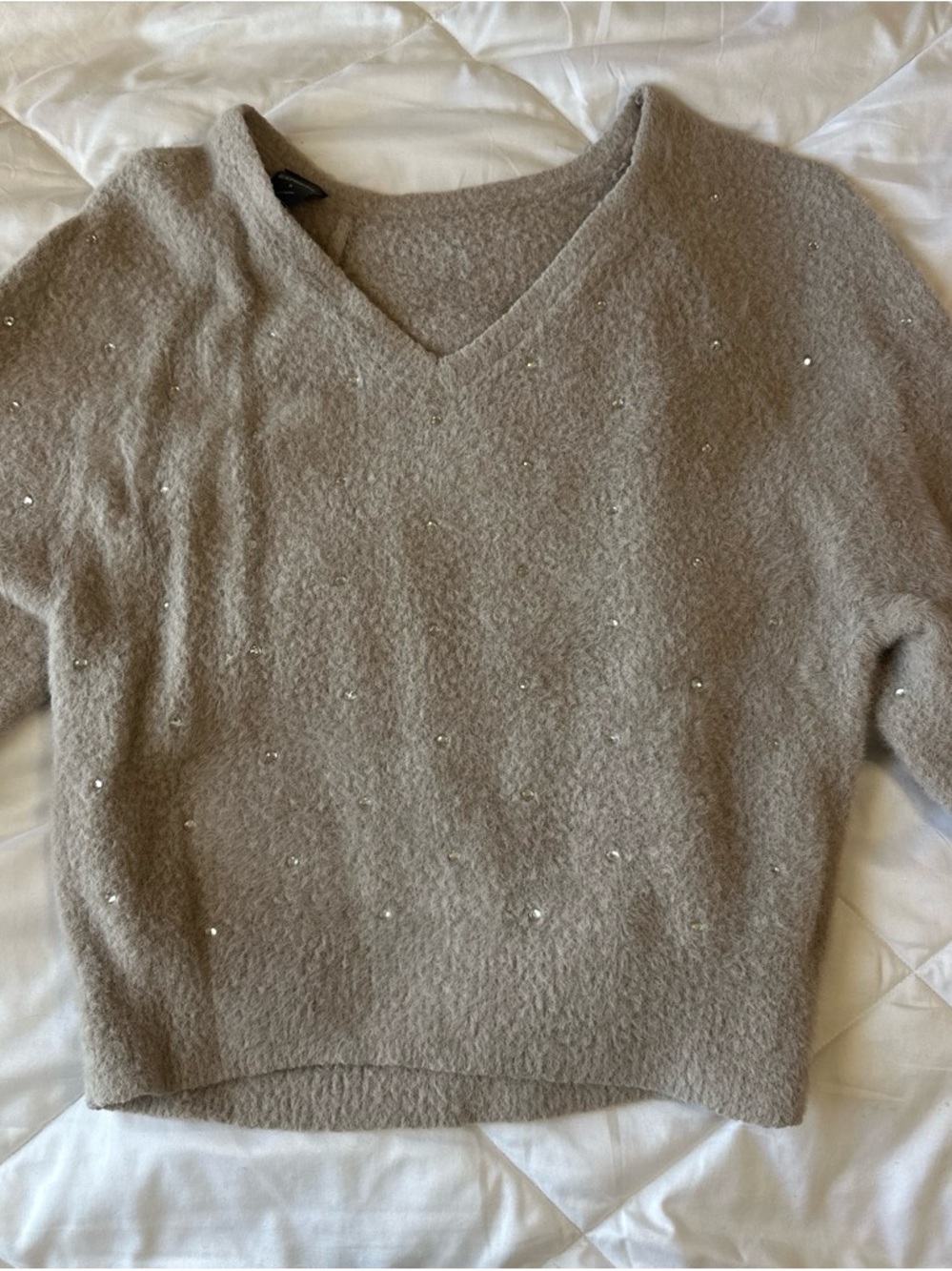 Express Taupe V-Neck Sweater with Sequin Accents